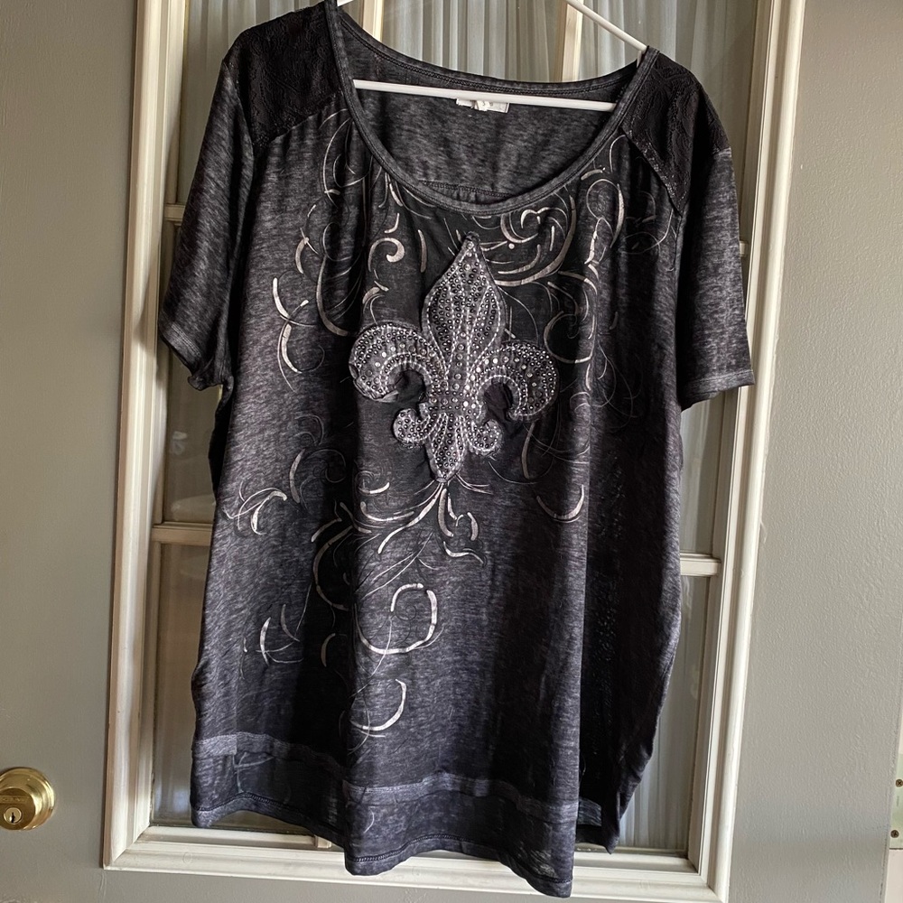 Maurices Black Fleur-de-Lis Embellished Burnout Tee